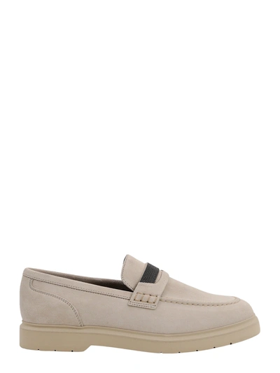 Brunello Cucinelli Suede Monili Casual Loafers In Ivory