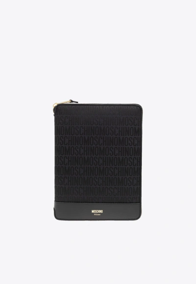 Moschino Monogram-jacquard Leather Laptop Bag In Black