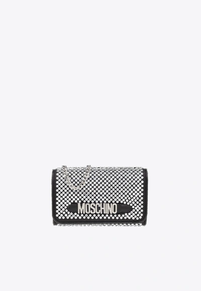 Moschino Crystal-embellished Logo-lettering Clutch Bag In Black