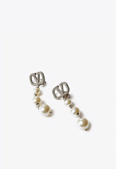 Valentino Garavani Crystal Encrusted Vlogo Pearl Drop Earrings In Silver