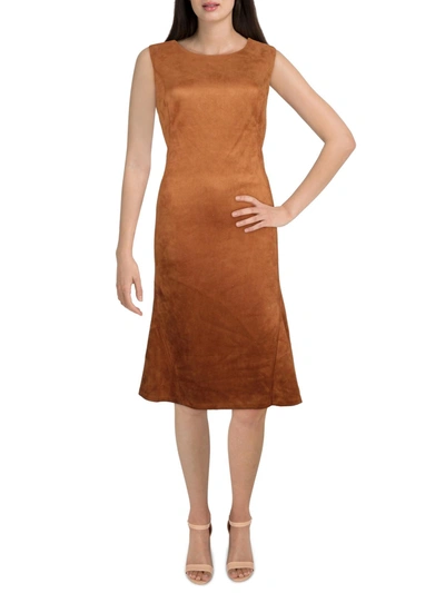 Calvin Klein Womens Faux Suede Below Knee Midi Dress In Brown