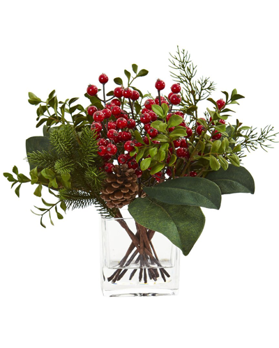 Nearly Natural Berry Pine And Boxwood Artificial Arrangement In Red