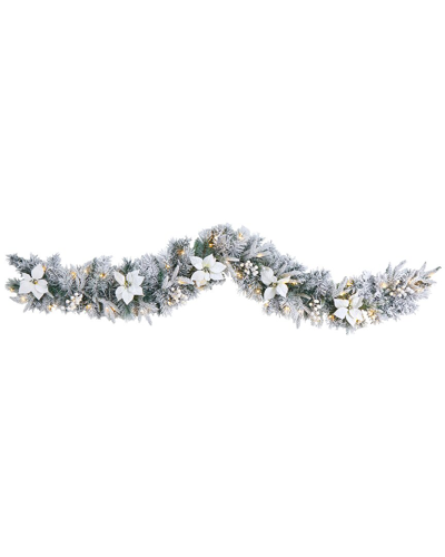 Nearly Natural Flocked Poinsettia And Berry Artificial Christmas Garland With 50 Warm White Led Lights In Green