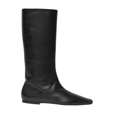 The Row Bette Leather Flat Mid Boots In Black