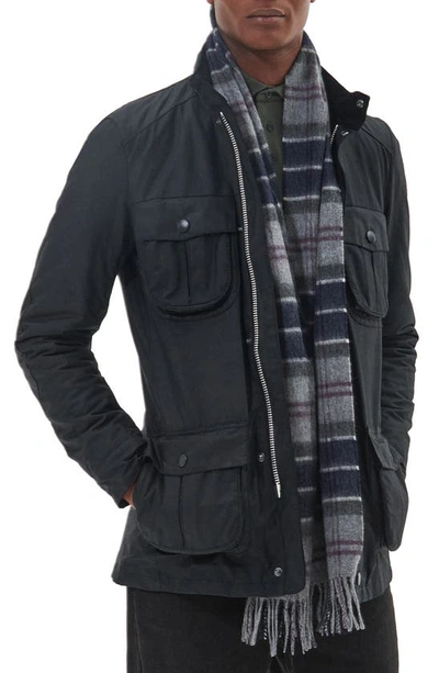 Barbour Tartan Lambswool & Cashmere Fringe Scarf In Black Slate Tartan