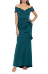 Xscape Petites Womens Off-the-shoulder Long Evening Dress In Hunter