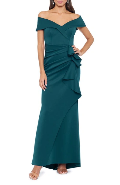 Xscape Scuba Off-the-shoulder Gown In Hunter