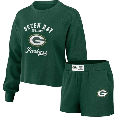 Wear By Erin Andrews Women's  Green Distressed Green Green Bay Packers Waffle Knit Long Sleeve T-shir