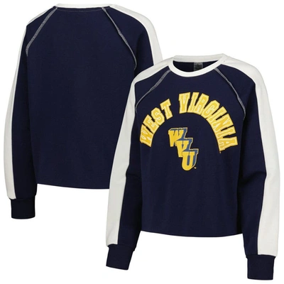 GAMEDAY COUTURE GAMEDAY COUTURE NAVY WEST VIRGINIA MOUNTAINEERS BLINDSIDE RAGLAN CROPPED PULLOVER SWEATSHIRT