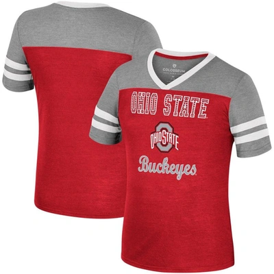 Colosseum Kids' Girls Youth  Scarlet/heather Gray Ohio State Buckeyes Summer Striped V-neck T-shirt In Scarlet,heather Gray