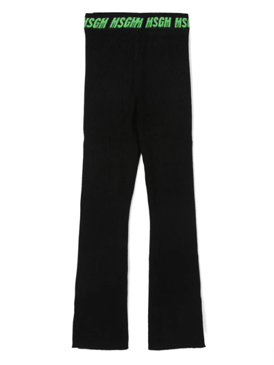 Msgm Kids' Black Ribbed Trousers With Logo On Waist