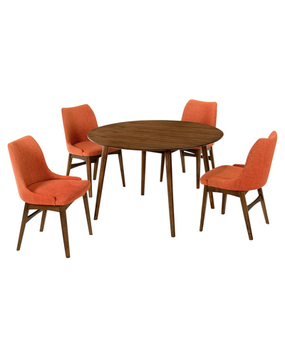 Armen Living Arcadia & Azalea 48in Round Orange & Walnut Wood 5pc Dining Set