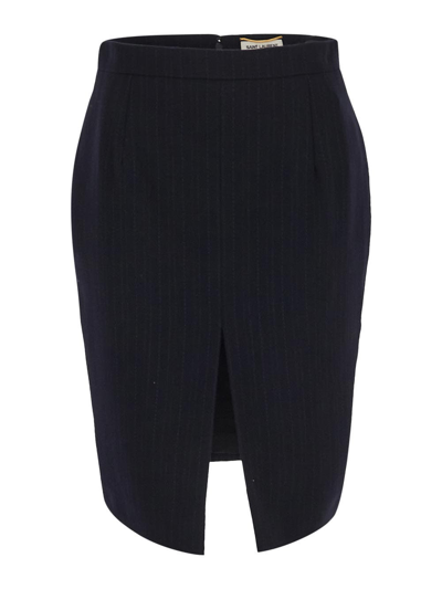 Saint Laurent Pinstripe-wool Pencil Skirt In Blue