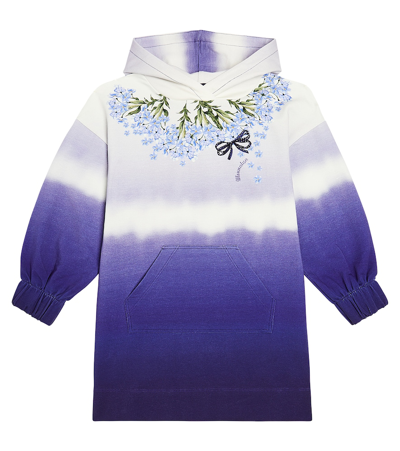 Monnalisa Kids' 兜帽印花棉质混纺连衣裙 In Blue,white