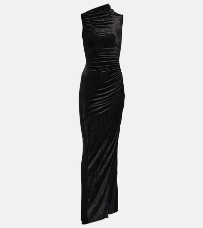 Rick Owens Svita Asymmetric Ruched Velvet Maxi Dress In Black