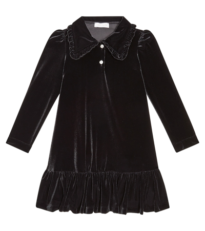 Monnalisa Kids' 荷叶边天鹅绒连衣裙 In Black