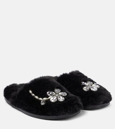 Simone Rocha Black Embellished Furry Slippers In Black/clear