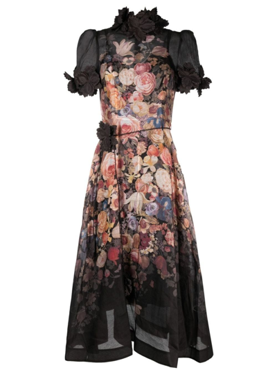 Zimmermann Luminosity Liftoff Floral-print Linen-blend Dress In Nero