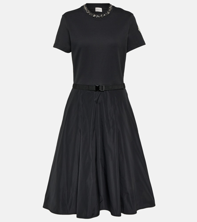 Moncler Belted Embellished Cotton Midi Dress In Black