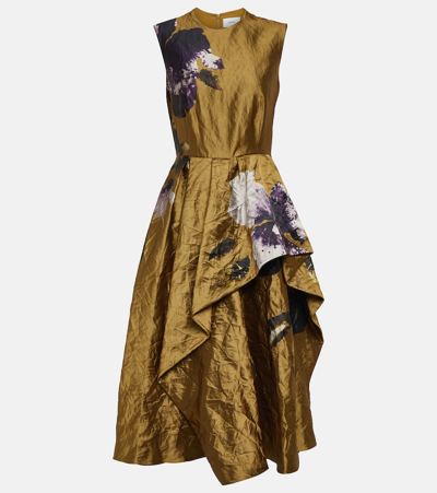 Erdem Floral-print Asymmetric Draped Sleeveless Midi Dress In Gold