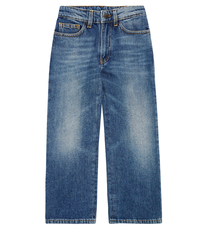 Palm Angels Kids' Curved-logo Straight Jeans In Blue