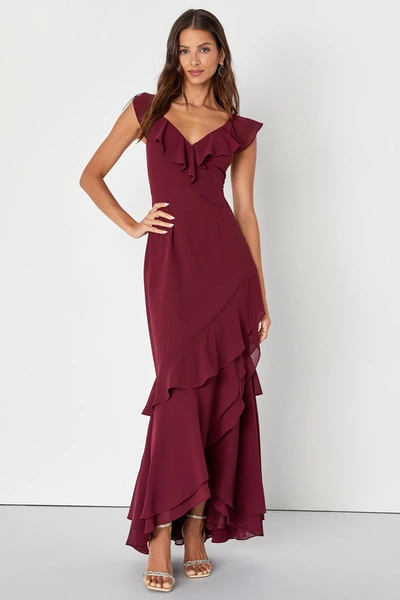 princess polly baby blue dress Lulus Charming Event Burgundy Asymmetrical Ruffled Maxi Dress