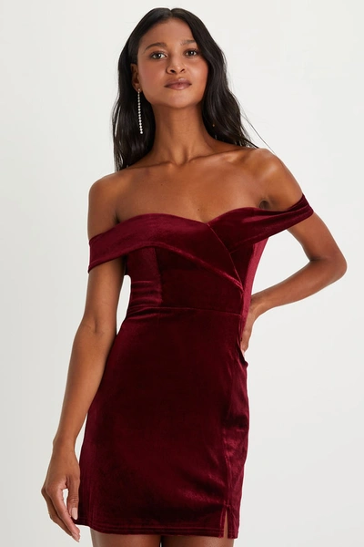 Lulus Attractive Aesthetic Burgundy Velvet Off-the-shoulder Mini Dress
