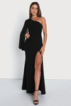 Lulus Majestic Attitude Black Cape Sleeve One-shoulder Maxi Dress In Black