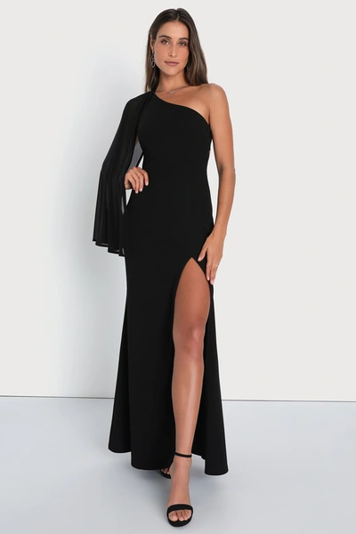 Lulus Majestic Attitude Black Cape Sleeve One-shoulder Maxi Dress