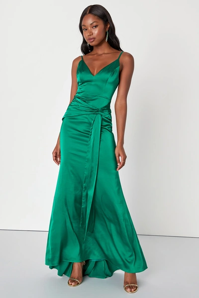 Lulus Majestic Essence Green Satin Pleated Tie-front Maxi Dress