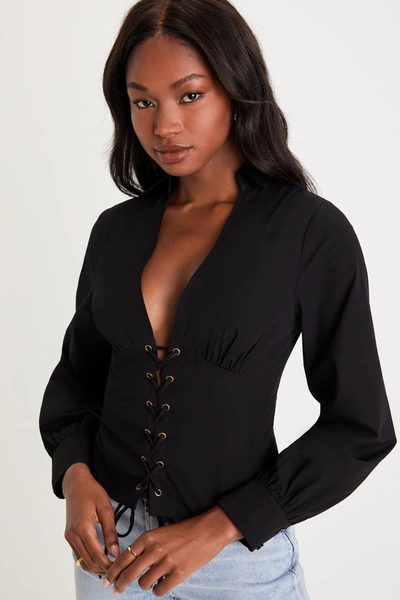 Lulus Sultry Charmer Black Lace-up Collared Long Sleeve Top