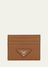 Prada Triangle Logo Leather Card Holder In F098l Caramel
