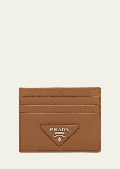 Prada Triangle Logo Leather Card Holder In Brown