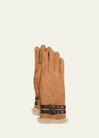 Agnelle Double-faced Suede & Shearling Gloves In Chestnut