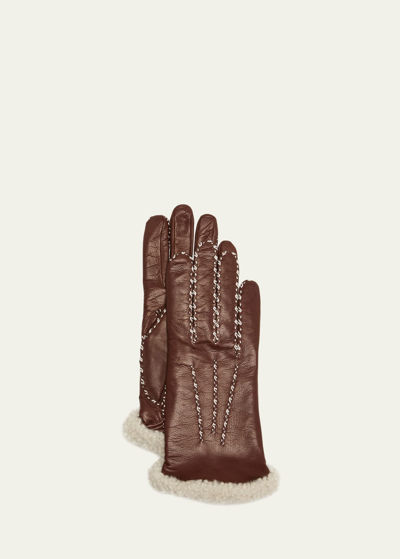 Agnelle Classic Leather Gloves With Shearling Cuffs In Whisky