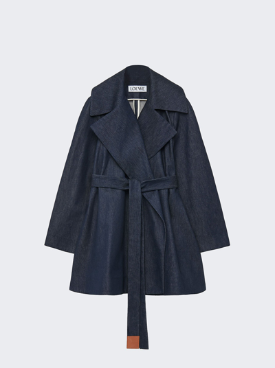 Loewe Trapeze Belted Leather-trimmed Denim Trench Coat In Raw Denim Blue