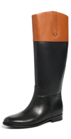 Tory Burch Bicolor Leather Double T Riding Boots In Perfect Black/bourbon