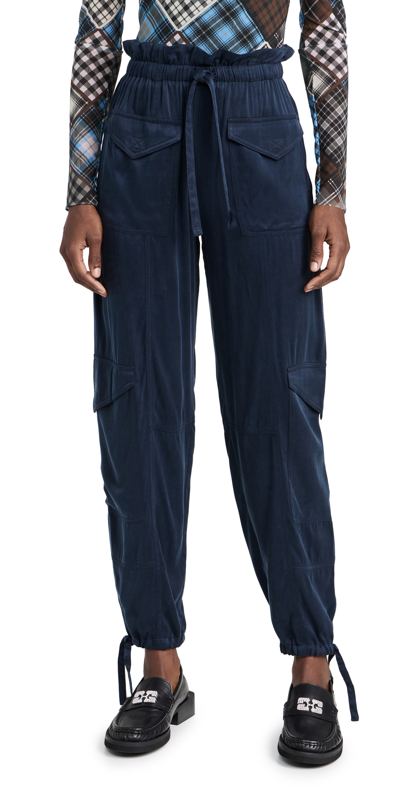 Ganni Blue Washed Satin Pants In Navy