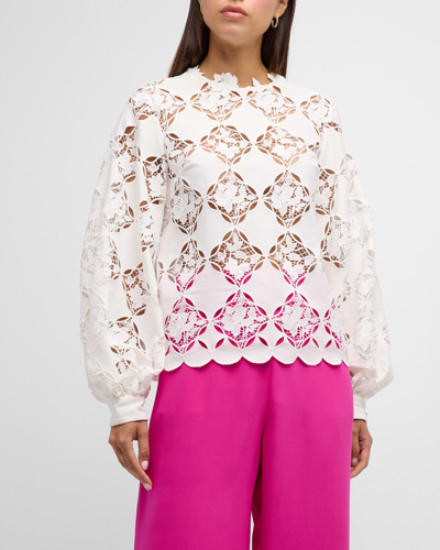 Oscar De La Renta Gardenia Guipure Eyelet Blouse In White