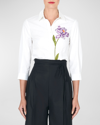 Carolina Herrera Floral Embroidered Three Quarter-sleeve Blouse In White Multi