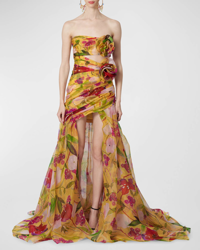 Carolina Herrera Strapless Flower-applique Gathered Cutout High-low Gown In Multi