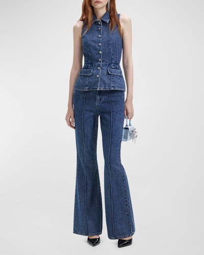 SELF-PORTRAIT SLEEVELESS FLARED DENIM JUMPSUIT