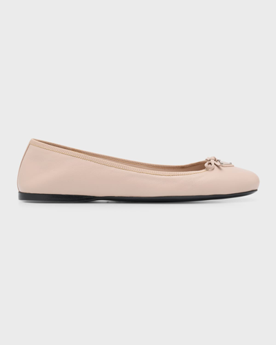 Prada Logo Plaque Leather Ballerina Shoes In Cream