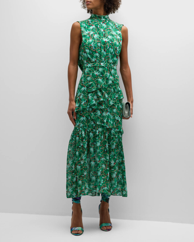 Saloni Fleur Silk Sleeveless Tiered-ruffle Midi Dress In Green