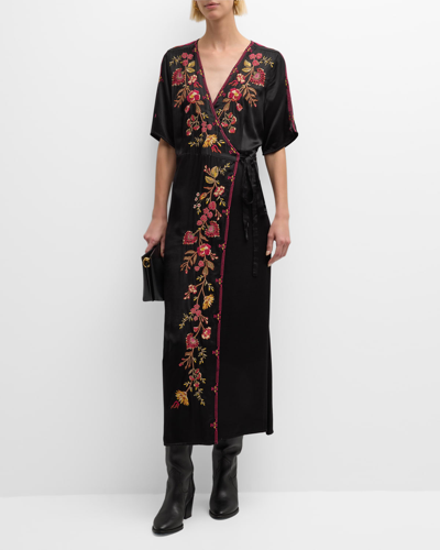 Johnny Was Lilith Floral-embroidered Midi Wrap Dress In Black