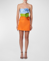 CAROLINA HERRERA TRICOLOR ROSETTE STRAPLESS CUTOUT MINI DRESS