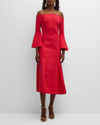 OSCAR DE LA RENTA OFF-THE-SHOULDER FLARE-SLEEVE STRETCH WOOL MIDI DRESS