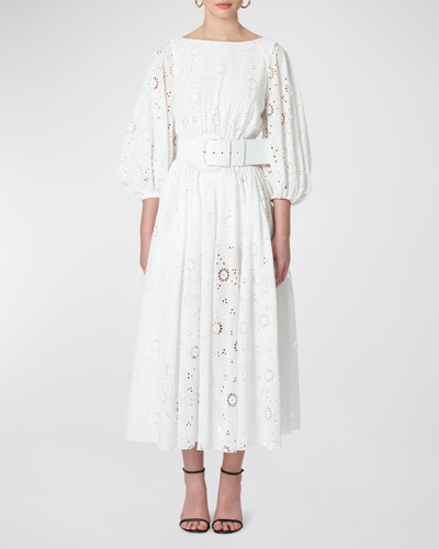 Carolina Herrera Shirred Puff-sleeve Broderie Anglaise Midi Dress In White