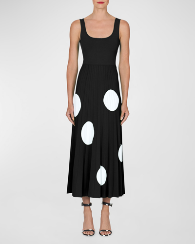 Carolina Herrera Pleated Polka Dot Knit Midi Dress In Blackwhite