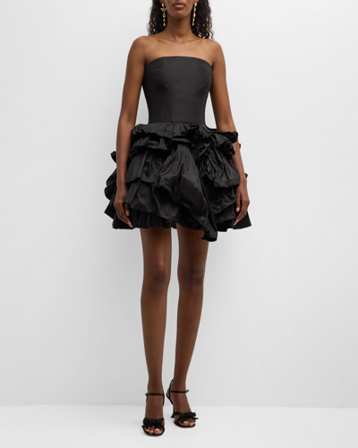 Oscar De La Renta Strapless Tiered Ruffle Taffeta Mini Dress In Black